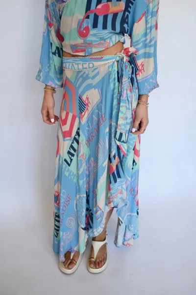 Vintage Havana Printed High Low Side Slit Skirt In Vacay Mode In Blue