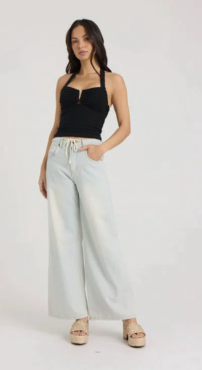 Vintage Havana Smocked Linen Halter Crop Top In Black