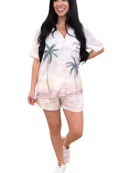 Vintage Havana Summer Paradise Satin Print Button Up In Cream/green In Multi