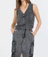 Vintage Havana Twill Button Front Vest In Washed Black In Gray