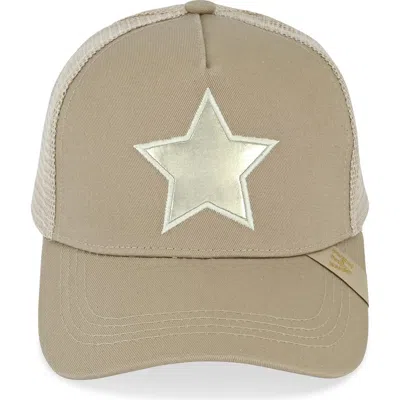 Vintage Havana Washed Embroidered Star Mesh Panel Trucker Hat In Khaki/ Washed Gold