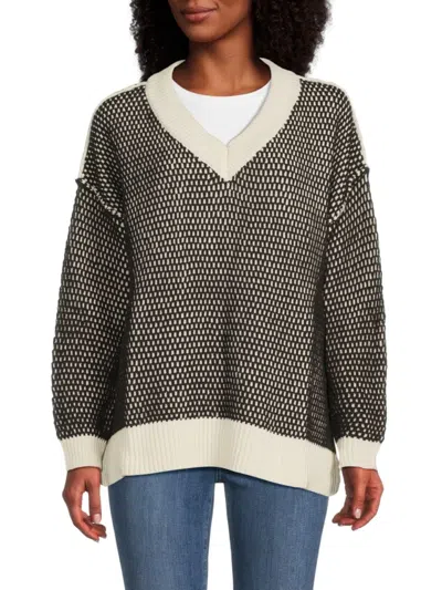 Vintage Havana Women's Honeycomb Knit V-neck Sweater In Black