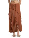 Vintage Havana Crinkle Ruffle Maxi Skirt In Brown