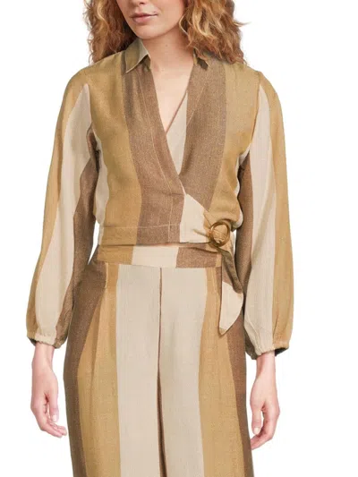 Vintage Havana Women's Woven Metallic Stripe Surplice Top In Brown