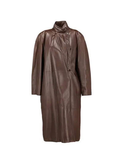 Pre-owned Vintage High-neck Leather Coat In Brown