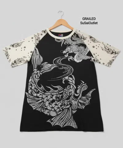 Pre-owned Vintage Japanese Koi Fish & Dragon Graphic Raglan Tee In Blue