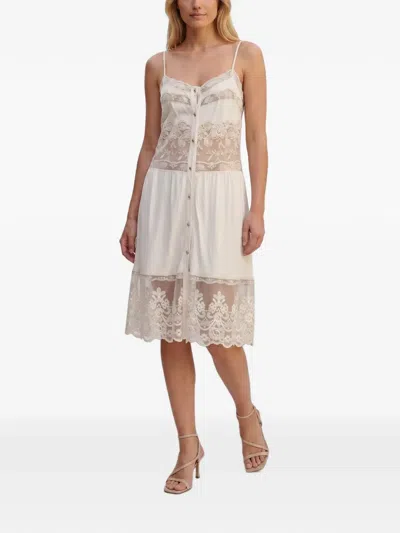 Pre-owned Vintage Lace-panelled Spaghetti-strap Midi Dress In Neutral