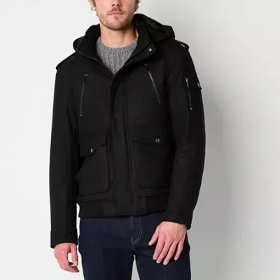 Vintage Leather Hooded Wool Bomber Jacket In Black