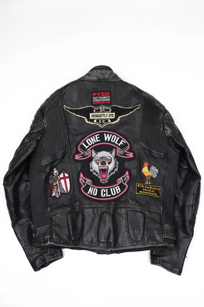 Pre-owned Vintage Lone Wolf Nc Patch Biker Distressed Leather Jacket In Black