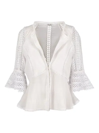 Pre-owned Vintage Macramé Bell-sleeve Blouse In White