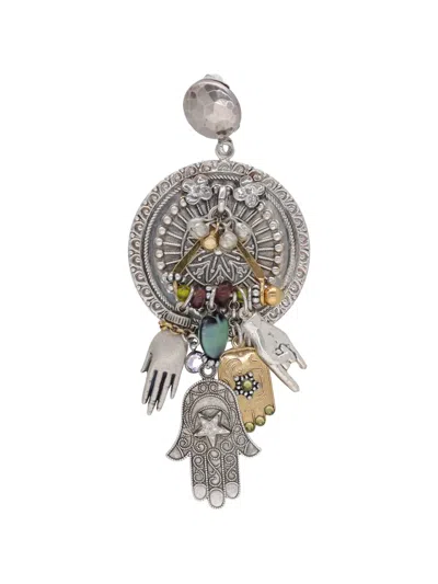 Pre-owned Vintage Medallion Pendant Clip-on Earring In Silver