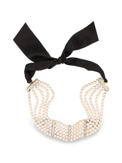 Pre-owned Vintage Multi-strand Bow-fastening Choker Necklace In Neutrals