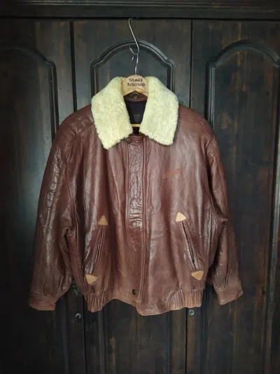 Pre-owned Vintage Munper Spain Shearling Collar Leather Bomber Jacket In Brown