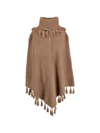 Pre-owned Vintage Nadini High Neck Fringe Poncho In Brown