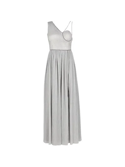 Pre-owned Vintage One-shoulder Pleated Maxi Dress In Silver