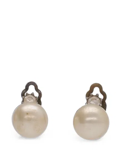Pre-owned Vintage Pearl Crystal Clip-on Earrings In Silver