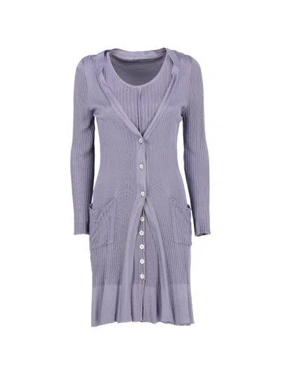 Pre-owned Vintage Ribbed-knit Button-up Dress Set In Purple