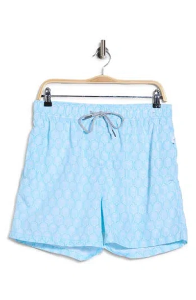 Vintage Summer Ditzy Palm Volley Swim Trunks In Blue