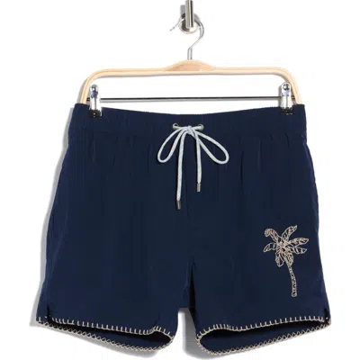 Vintage Summer Embroidered Palm Volley Swim Shorts In Blue
