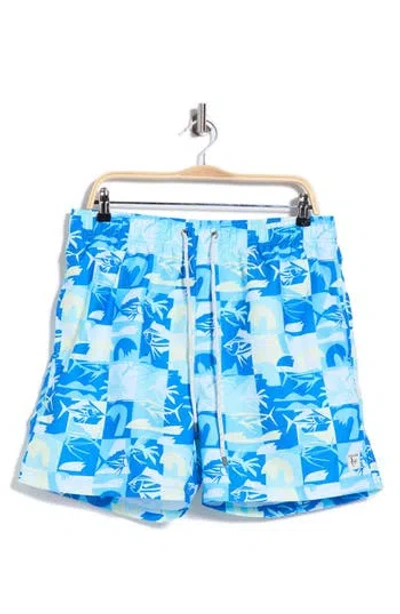 Vintage Summer Fish Print Volley Swim Trunks In Blue