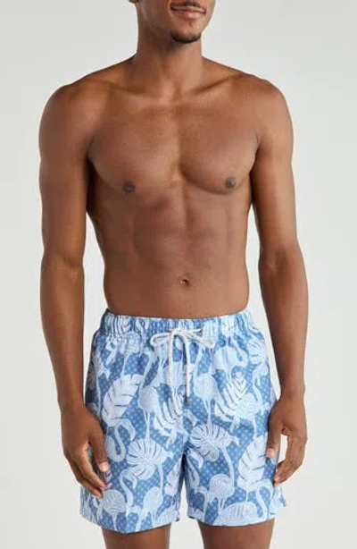 Vintage Summer Flamingo Print Volley Swim Trunks In Multi