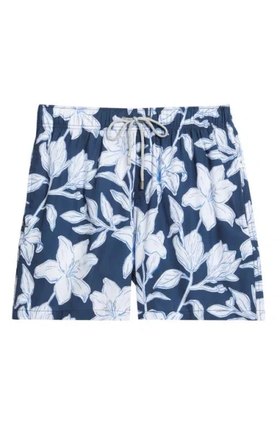 Vintage Summer Floral Stretch Volley Swim Trunks In Blue