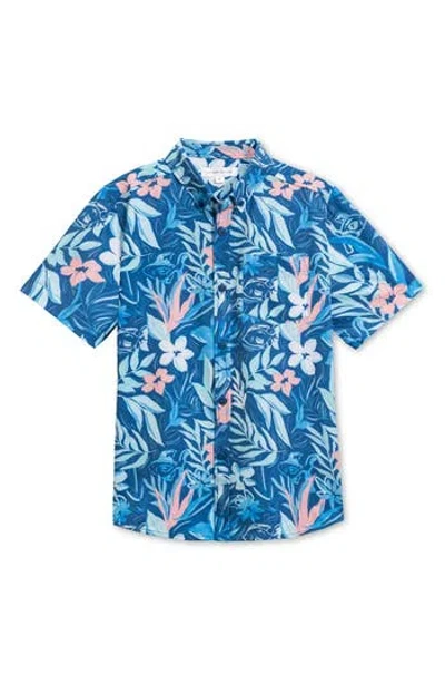 Vintage Summer Kids' Fish Floral 4-way Stretch Short Sleeve Button-down Shirt In Blue