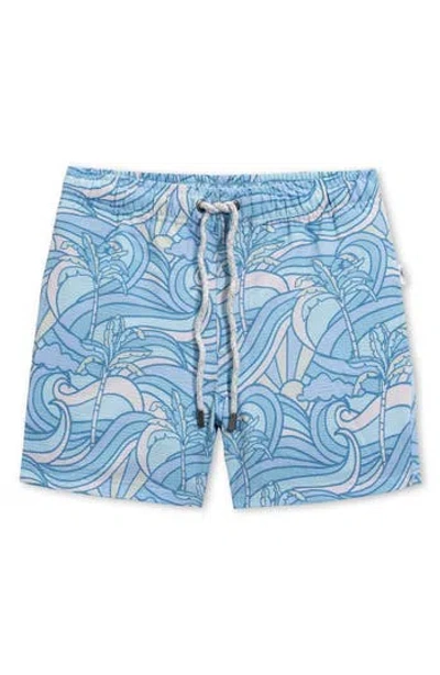 Vintage Summer Kids' Palm Print Seersucker Volley Swim Trunks In Blue