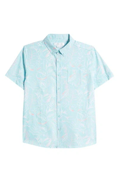 Vintage Summer Kids' Short Sleeve Stretch Button-down Shirt In Mint Blue
