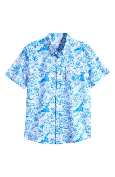 Vintage Summer Kids' Tropical Print Water Repellent Short Sleeve Stretch Button-down Shirt In Blue