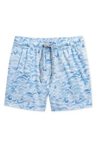 Vintage Summer Kids' Wave Print Swim Trunks In White/blue
