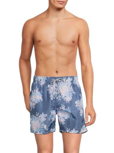 Vintage Summer Men's Floral Drawstring Swim Shorts In Denim Blue