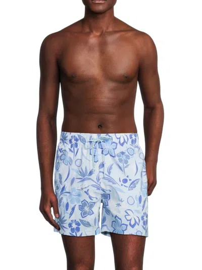 Vintage Summer Men's Floral Print Drawstring Swim Shorts In Blue