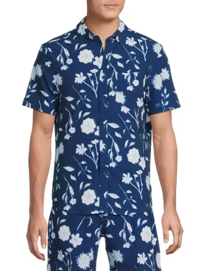 Vintage Summer Men's Floral Seersucker Shirt In Navy