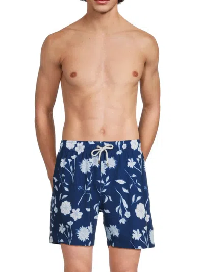 Vintage Summer Men's Floral Seersucker Swim Shorts In Navy