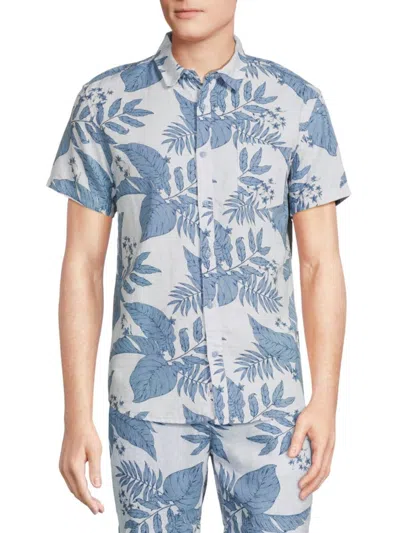 Vintage Summer Men's Leaf Print Linen Blend Shirt In Denim