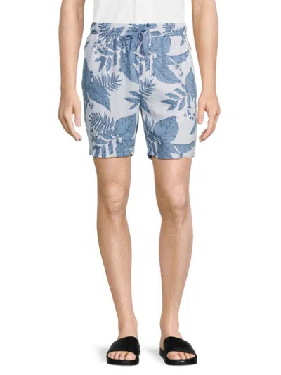 Vintage Summer Men's Leaf Print Linen Blend Shorts In Blue