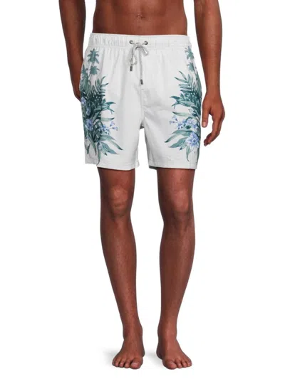 Vintage Summer Men's Leaf Print Shorts In White Multi