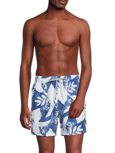 Vintage Summer Men's Leaf Print Swim Shorts In Denim