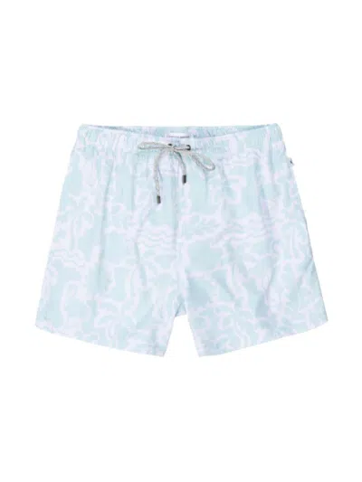 Vintage Summer Men's Wave Print 4-way Stretch Volley Swim Shorts In Blue