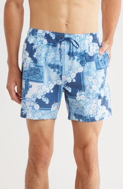Vintage Summer Poolside Stretch Volley Swim Trunks In Blue