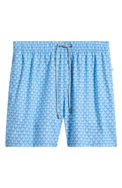 Vintage Summer Print Stretch Volley Swim Trunks In Blue