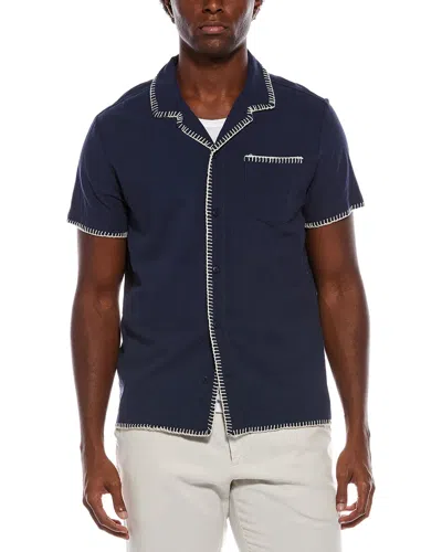 Vintage Summer Textured Embroidered Camp Shirt In Blue