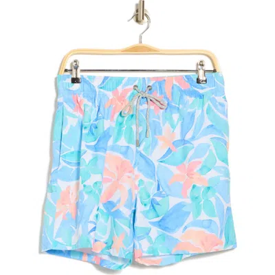 Vintage Summer Watercolor Floral Stretch Volley Swim Shorts In Blue