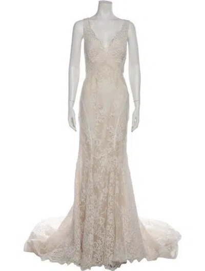 Pre-owned Vintage - Unbranded Lace Pattern Long Dress In Neutral