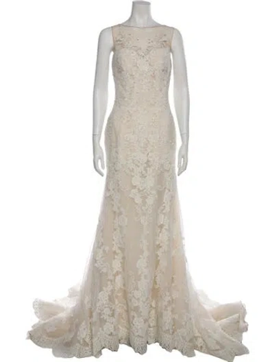 Pre-owned Vintage - Unbranded Lace Pattern Long Dress In Neutral