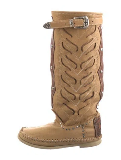 Pre-owned Vintage - Unbranded Leather Colorblock Pattern Rain Boots In Neutral