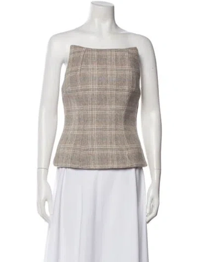 Pre-owned Vintage - Unbranded Plaid Print Square Neckline Top In Neutral