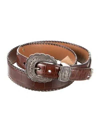 Pre-owned Vintage - Unbranded Vintage Sterling Silver Accented Embossed Leather Waist Belt In Brown