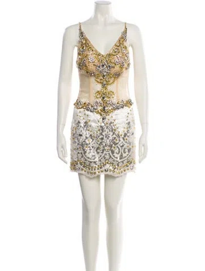 Pre-owned Vintage - Unbranded V-neck Mini Dress In Neutral